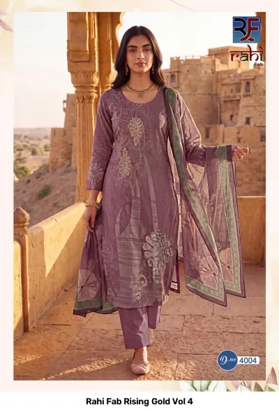 Rahi Fab Rising Gold Vol 4: Mauve salwar suit with paisley-inspired embroidery and a matching printed dupatta.
