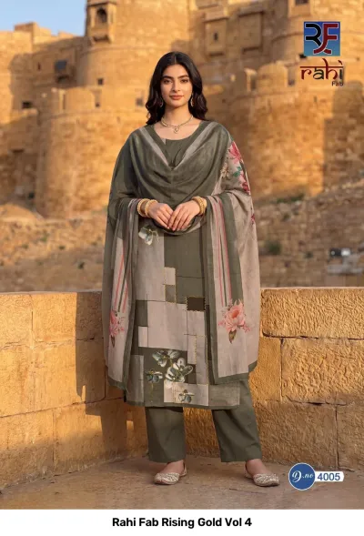 Rahi Fab Rising Gold Vol 4: Grey-green salwar suit with geometric and floral prints, featuring simple thread embroidery on the kurta.