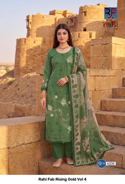 Rahi Fab Rising Gold Vol 4: Green salwar suit with subtle embroidery and floral patterns, paired with a matching printed dupatta.