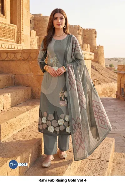 Rahi Fab Rising Gold Vol 4: Grey salwar suit with modern artistic prints and base embroidery, styled with a matching patterned dupatta.