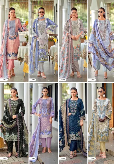 Riaz Arts Bin Saeed Premium catalog collage showing multiple floral printed salwar suits with thread work embroidery.