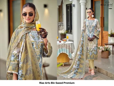Riaz Arts Bin Saeed Premium olive and white floral printed salwar suit with thread work embroidery and matching dupatta.