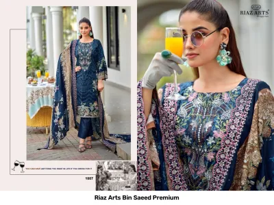Riaz Arts Bin Saeed Premium navy blue and multi-color floral printed salwar suit with thread work embroidery and dupatta.