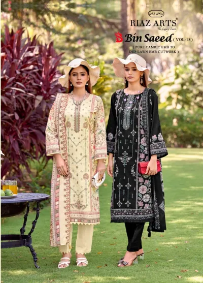 Riaz Arts Bin Saeed Vol 18, cream and black salwar suits with digital prints, thread work embroidery, and matching dupattas worn by models.