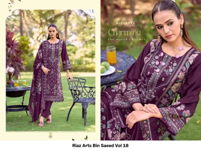 Riaz Arts Bin Saeed Vol 18, purple salwar suit with floral digital prints, thread work embroidery on the kurti, and a matching printed dupatta.