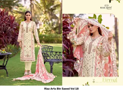 Riaz Arts Bin Saeed Vol 18, cream salwar suit with floral digital prints, thread work embroidery on the neck, and a coordinating printed dupatta.