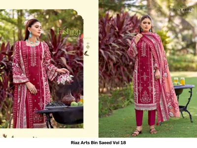 Riaz Arts Bin Saeed Vol 18, maroon salwar suit featuring floral digital prints, intricate thread work embroidery, and a matching printed dupatta.