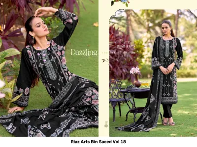 Riaz Arts Bin Saeed Vol 18, black salwar suit with floral digital print detailing, thread work embroidery, and a matching printed dupatta.