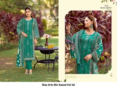 Riaz Arts Bin Saeed Vol 18, green salwar suit featuring floral digital prints, thread work embroidery, and a coordinated printed dupatta.