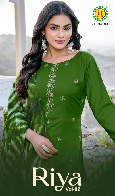 Riya Vol 2: Model wearing a green kurti with thread work embroidery and a tie-dye dupatta, posing for a promotional portrait shot.