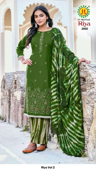 Riya Vol 2: Green kurti with gold thread work embroidery, matching tie-dye palazzo pants, and a tie-dye dupatta in a stone background.
