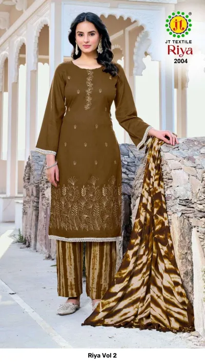 Riya Vol 2: Brown kurti with gold thread work embroidery, matching tie-dye palazzo pants, and a tie-dye dupatta in a stone background.