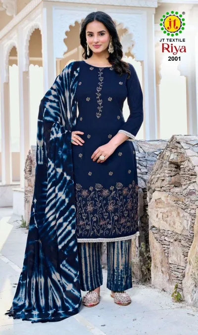 Riya Vol 2: Navy blue kurti with gold thread work embroidery, matching tie-dye palazzo pants, and a tie-dye dupatta in a stone background.