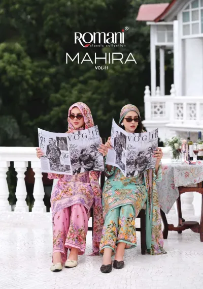 Romani Mahira Vol 11 catalog cover displaying models wearing printed floral salwar suits with dupattas in pastel and dark color palettes.