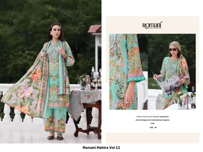 Romani Mahira Vol 11 mint green salwar suit with floral print, matching palazzo pants, and a floral dupatta with thread work detailing.