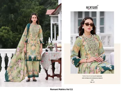 Romani Mahira Vol 11 olive green salwar suit featuring intricate thread work embroidery, floral print, palazzo pants, and a matching floral dupatta.