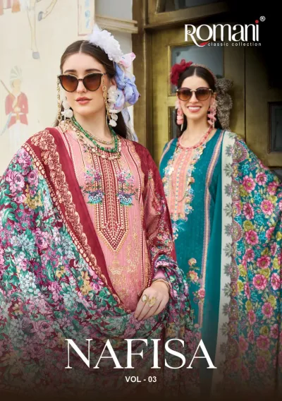 Romani Nafisa Vol 3, catalog cover page displaying models wearing various colors of printed salwar suits with floral patterns and embroidery.