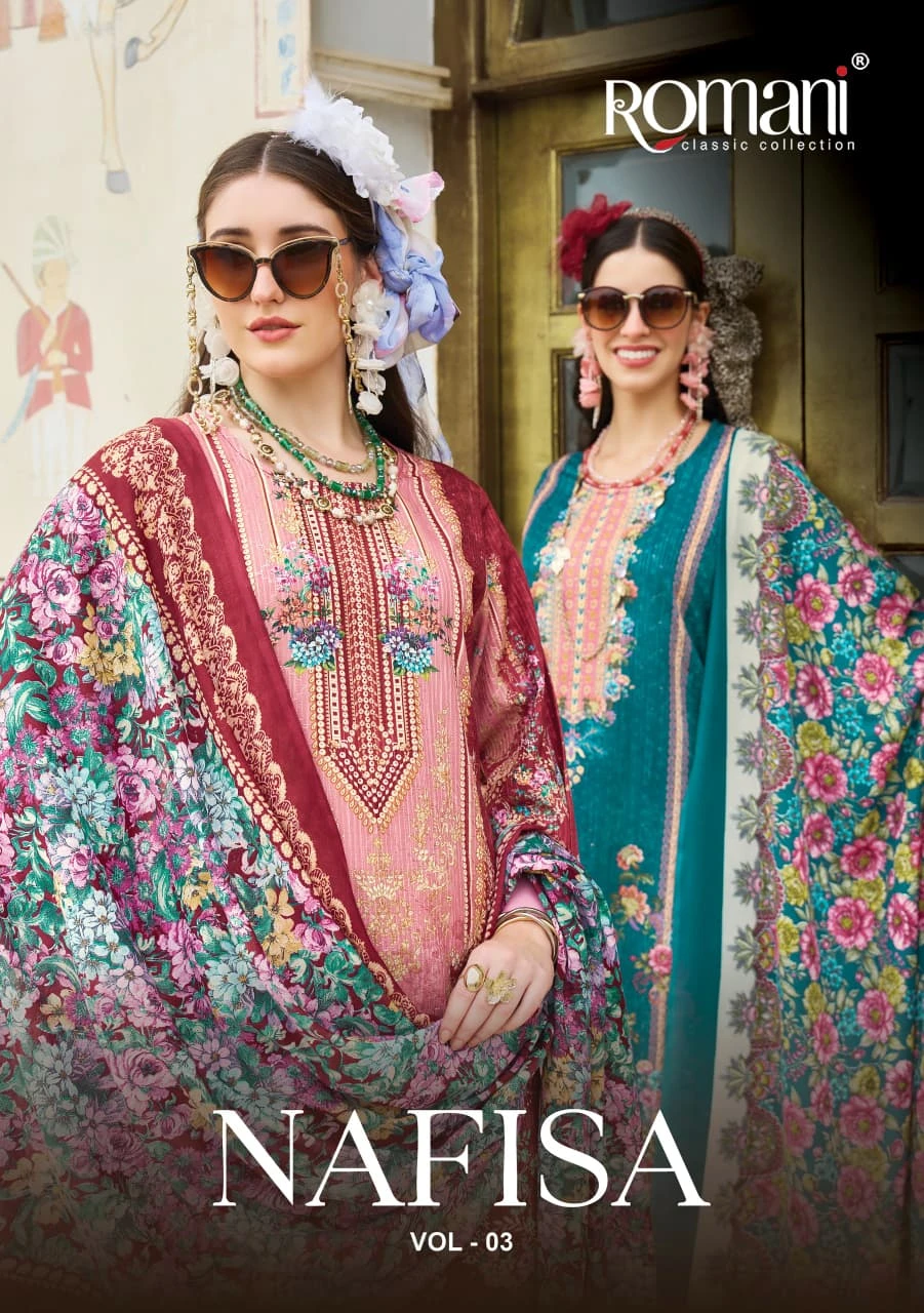 Romani Nafisa Vol 3, catalog cover page displaying models wearing various colors of printed salwar suits with floral patterns and embroidery.