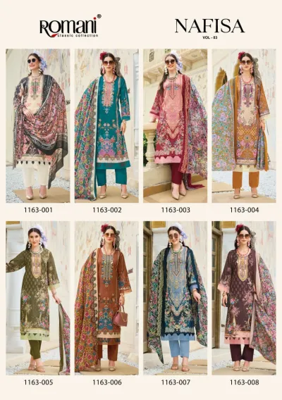 Romani Nafisa Vol 3, catalog collage showing eight different printed salwar suits with floral patterns and varied color palettes.