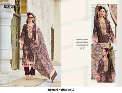 Romani Nafisa Vol 3, brown printed salwar suit with floral details, matching dupatta, and embroidery on the neckline.