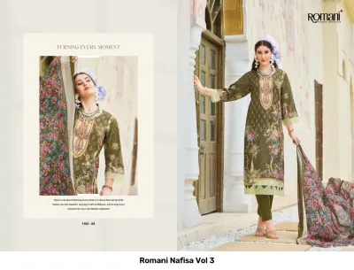 Romani Nafisa Vol 3, olive green printed salwar suit featuring floral motifs, matching dupatta, and intricate neck embroidery.