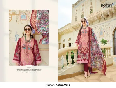 Romani Nafisa Vol 3, deep pink and light pink printed salwar suit with a floral dupatta and ornate neckline embroidery.