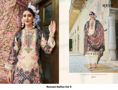 Romani Nafisa Vol 3, cream and black printed salwar suit with floral patterns and dupatta, worn with plain trousers.