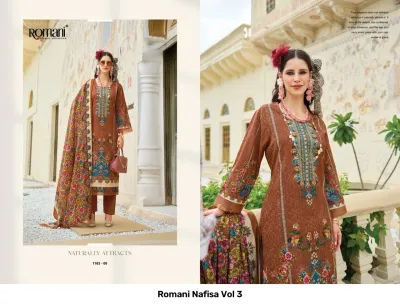 Romani Nafisa Vol 3, brown printed salwar suit with vibrant floral motifs on the hem and matching floral dupatta.