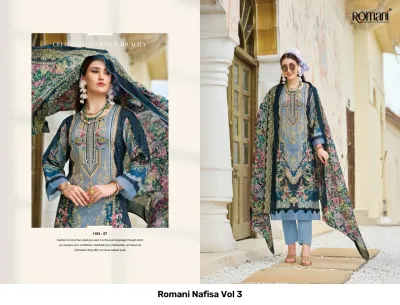 Romani Nafisa Vol 3, grey-blue printed salwar suit with intricate floral embroidery, matching trousers, and printed dupatta.