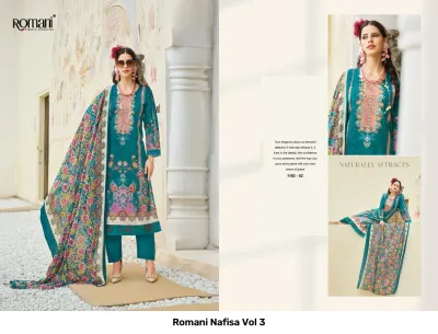 Romani Nafisa Vol 3, teal printed salwar suit with floral details, matching trousers, and a dupatta with floral prints.