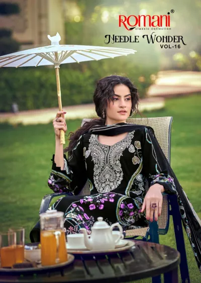 Romani Needle Wonder Vol 16: Black salwar suit with purple floral print and white thread work embroidery on the bodice.