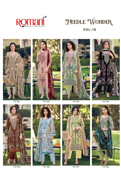 Romani Needle Wonder Vol 16: Catalog collage showcasing various styles of printed salwar suits with thread work details.