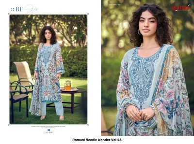 Romani Needle Wonder Vol 16: Light blue salwar suit with floral print and intricate thread work embroidery on the neckline.