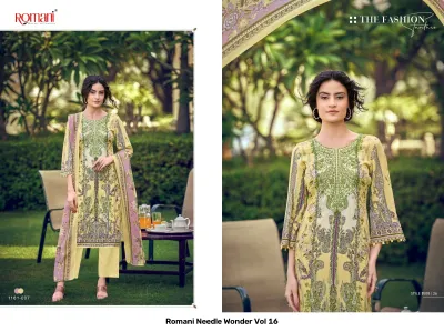 Romani Needle Wonder Vol 16: Yellow salwar suit with green floral pattern and detailed thread work embroidery on the kurta.