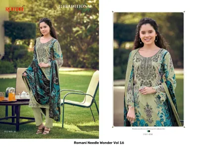 Romani Needle Wonder Vol 16: Light green salwar suit featuring black floral prints and detailed thread work embroidery on the chest.