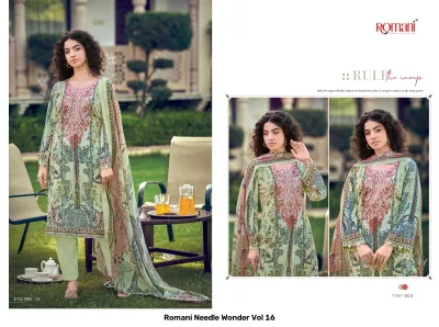 Romani Needle Wonder Vol 16: Light green salwar suit with multi-colored floral print and heavy thread work embroidery.