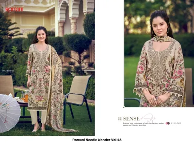 Romani Needle Wonder Vol 16: Beige salwar suit with pink and brown floral prints and dense thread work embroidery.