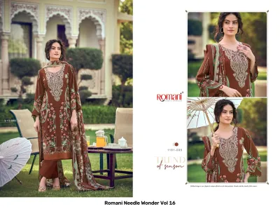 Romani Needle Wonder Vol 16: Brown salwar suit with pink and green floral print, featuring white thread work embroidery.
