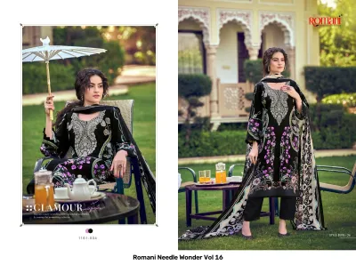 Romani Needle Wonder Vol 16: Black salwar suit with purple floral print, including dupatta and thread work detailing.
