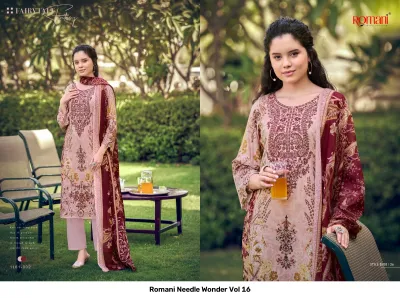 Romani Needle Wonder Vol 16: Light peach salwar suit with maroon and gold floral print, featuring extensive thread work embroidery.