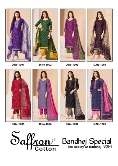 Saffron Bandhej Special: A catalog cover page displaying a collage of eight different Bandhej printed cotton salwar suit designs.