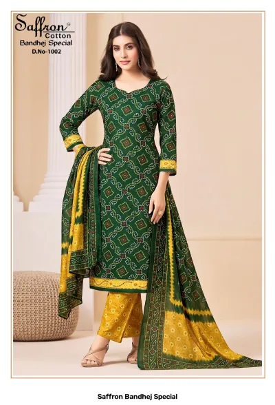 Saffron Bandhej Special D.No-1002: Green and yellow cotton salwar suit featuring traditional Bandhej print and geometric pattern.