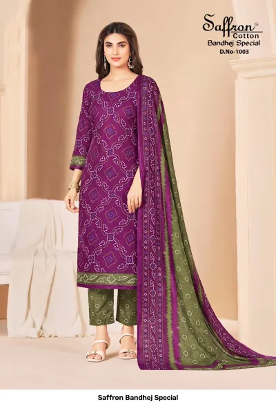 Saffron Bandhej Special D.No-1003: Purple and green cotton salwar suit with traditional Bandhej print and matching printed dupatta.
