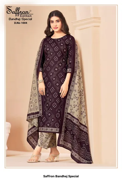 Saffron Bandhej Special D.No-1004: Dark purple cotton salwar suit featuring all-over Bandhej print and contrast grey printed trousers and dupatta.