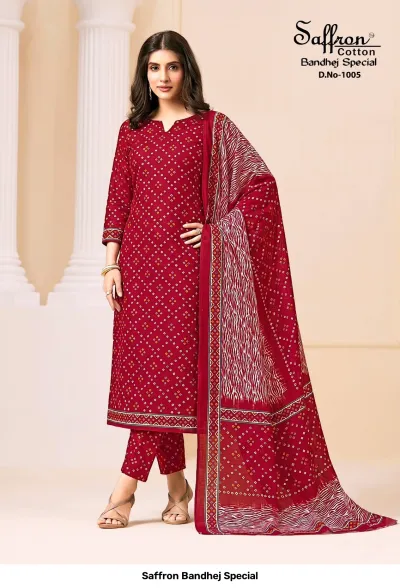 Saffron Bandhej Special D.No-1005: Red cotton salwar suit with traditional Bandhej pattern, coordinating printed trousers and matching red dupatta.