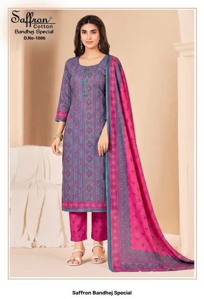 Saffron Bandhej Special D.No-1006: Blue and pink cotton salwar suit with vertical geometric patterns and a solid pink printed dupatta.