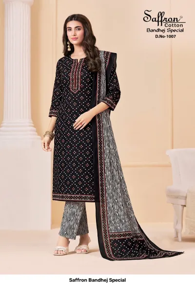 Saffron Bandhej Special D.No-1007: Black cotton salwar suit with white Bandhej print, featuring grey and black patterned trousers and dupatta.