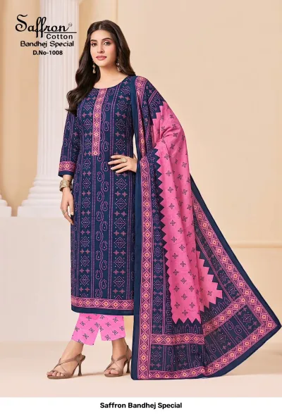 Saffron Bandhej Special D.No-1008: Blue and pink cotton salwar suit with decorative vertical patterns and coordinating pink printed trousers and dupatta.