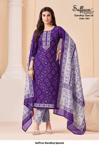 Saffron Bandhej Special D.No-1001: Purple cotton salwar suit with white Bandhej-style print, styled with grey patterned trousers and dupatta.