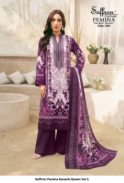 Saffron Femina Karachi Queen Vol 1 — Karachi Cotton Dress Material, Saffron Cotton wholesale from Surat — view 2